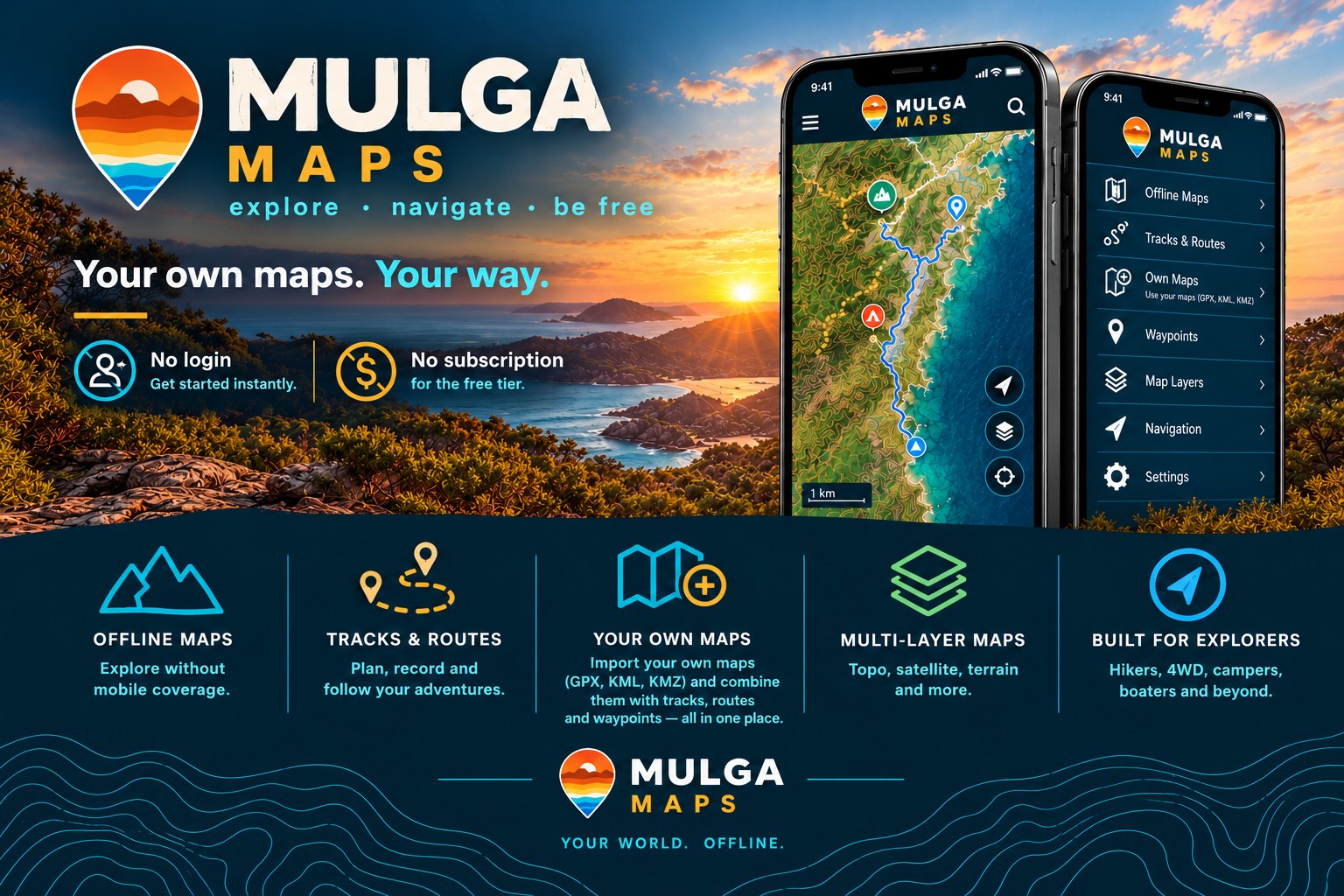 Mulga Maps: explore, navigate, be free. Your own maps, your way. No login, and no subscription for the free tier. Offline maps, tracks and routes, your own maps, multi-layer maps, built for explorers.